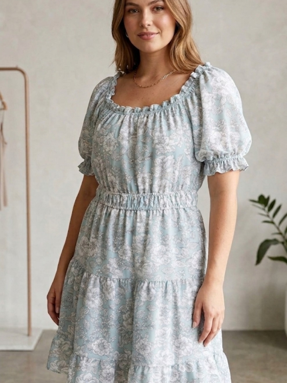 Blu Pepper Floral Puff Sleeve Tiered Mini Dress Size LG NWT